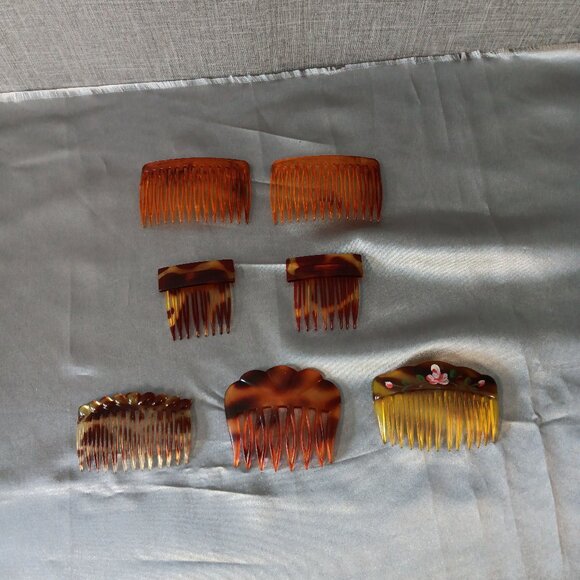 Vintage Side Hair Combs Lot 7 Tortoise Shell  Hand Painted Rose Hairstyle Retro - Picture 1 of 5